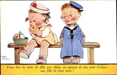 Künstler Ak Attwell, Mabel Lucy, Mädchen isst einen Keks, Seemann schaut zu