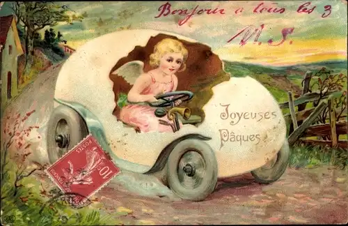 Ak Glückwunsch, Ostern, Engel fährt Auto in Form eines Ostereis