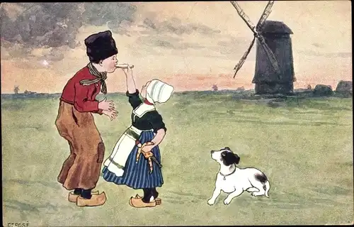 Künstler Ak Mädchen füttert Jungen, Windmühle, niederländische Trachten