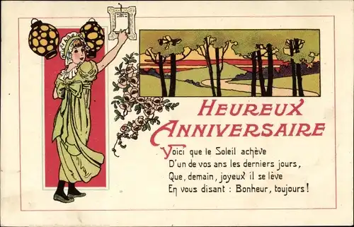 Ak Glückwunsch Geburtstag, Frau in grünem Kleid, Lampions