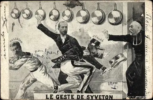 Künstler Ak Le Geste de Syveton, General André, Gabriel Syveton, Combes, Pelletan, Karikatur