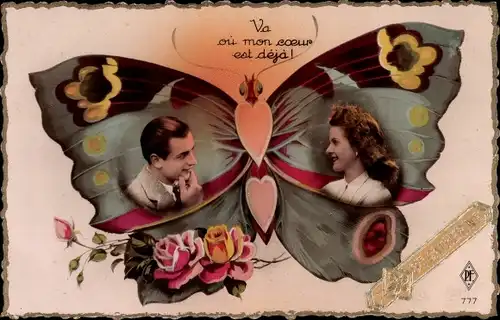 Ak Liebespaar, Schmetterling, Rosen