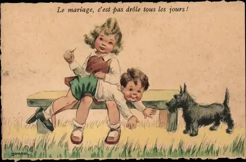 Künstler Ak Janser, Mädchen näht Hose von einem Jungen, Hund