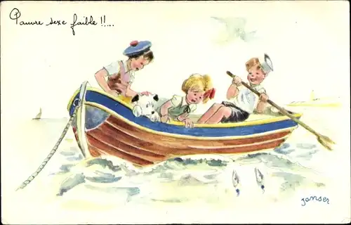 Künstler Ak Janser, Kinder im Ruderboot, Hund, Verängstigtes Mädchen