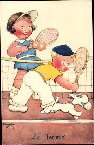 Künstler Ak Mallet, Beatrice, Le Tennis, Tennisspiel, Netz, Hund mit Ball