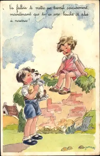 Künstler Ak Janser, Mädchen auf einer Mauer, Junge mit Hund