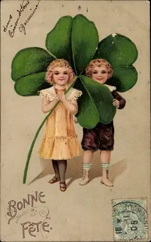 Präge Litho Glückwunsch Geburtstag, Junge und Mädchen mit Kleeblatt