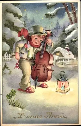 Ak Glückwunsch Neujahr, Mann mit Cello, Laterne, Kleeblätter