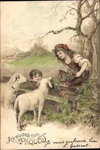 Präge Litho Glückwunsch Ostern, Mädchen füttert Lämmer