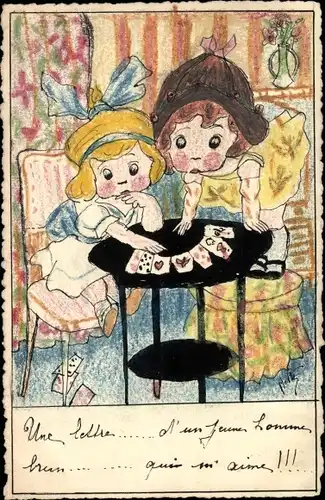 Künstler Ak Mädchen beim Kartenlegen