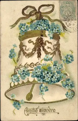 Präge Litho Glocke mit Vergissmeinnichtblüten geschmückt