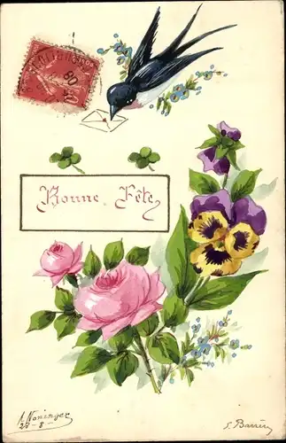 Handgemalt Ak Glückwunsch Geburtstag, Stiefmütterchen, Rosen, Schwalbe