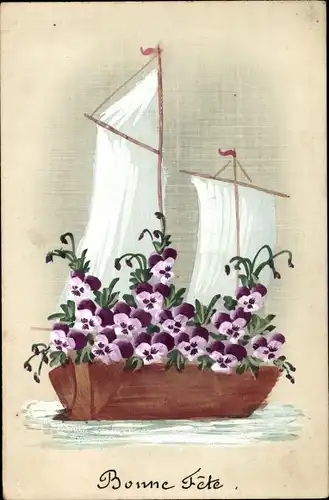 Handgemalt Ak Glückwunsch Geburtstag, Segelboot, Stiefmütterchen