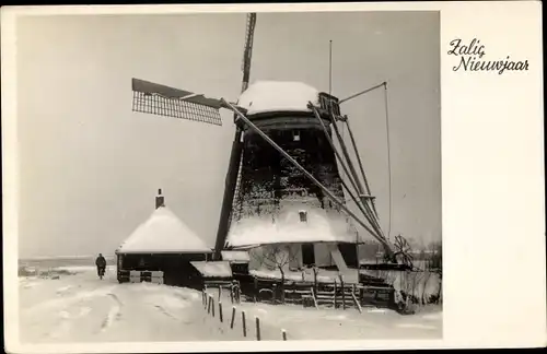 Ak Glückwunsch Neujahr, Windmühle, Winterszene