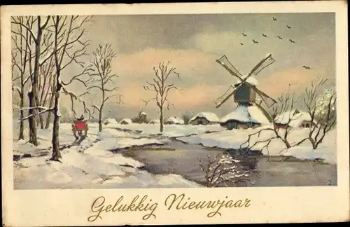Künstler Ak Glückwunsch Neujahr, Fluss, Windmühle, Winterszene