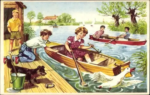 Ak Ruderpartie, Frau beim Rudern, Brücke, Hund, Eimer, Erschrockene Gans