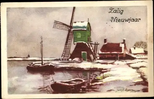 Künstler Ak Glückwunsch Neujahr, Windmühle, Ruderboote, Winter