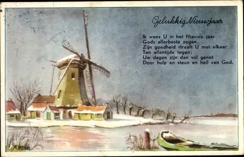 Künstler Ak Rend, F., Glückwunsch Neujahr, Windmühle, Fluss, Winter, Ruderboot