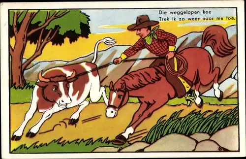 Ak Cowboy mit Lasso, Kuh, Pferd