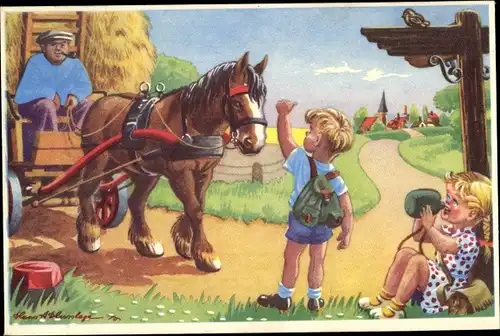 Künstler Ak Bauer mit Pfeife, Fuhrwerk, Heu-Transport, Pferd, Kinder, Wegweiser