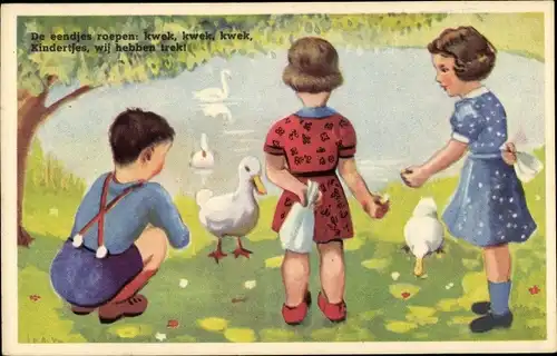 Künstler Ak Kinder füttern Enten, Teich, Baum