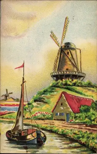 Ak Windmühle, Fluss, Ruderboot, Wohnhaus