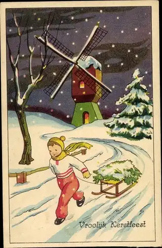Ak Glückwunsch Weihnachten, Windmühle, Kind, Schlitten, Tannenbaum, Winter