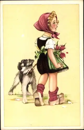 Ak Mädchen in niederländischer Tracht, Hund, Kopftuch, Holzschuhe