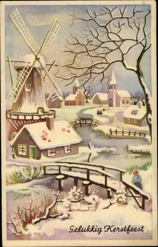 Ak Glückwunsch Weihnachten, Windmühle, Brücke, Fluss, Winter