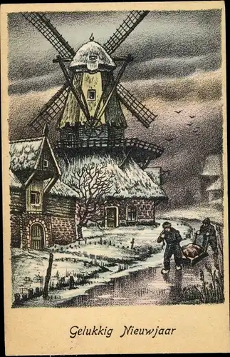Ak Frohe Weihnachten, Windmühle, Winter, Schlitter