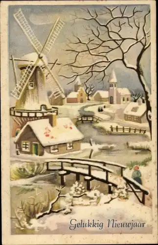 Ak Glückwunsch Neujahr, Windmühle, Brücke, Fluss, Winter