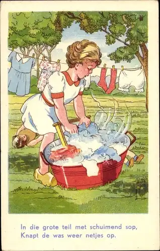 Künstler Ak Mädchen wäscht Wäsche, Wäscheleine, Waschwanne, Puppe