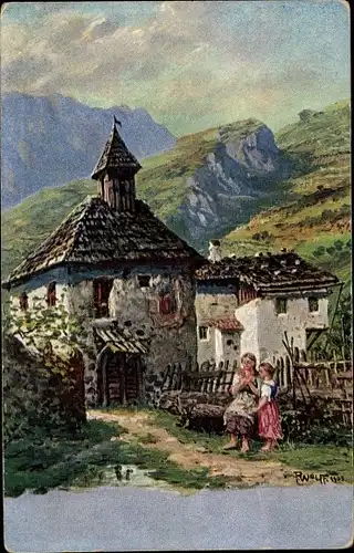 Künstler Litho Wolff, P., Wohnhaus, Frau mit Kind, Dorfidyll
