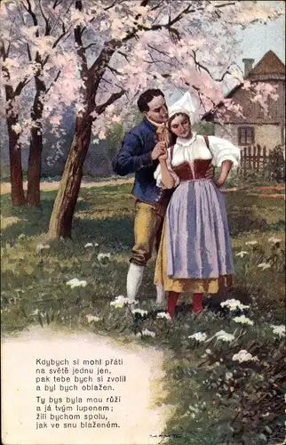 Ak Liebespaar in tschechischen Volkstrachten, Blühende Bäume