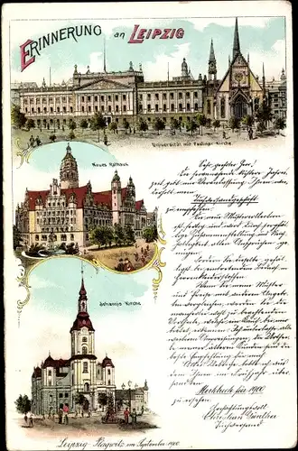 Litho Leipzig in Sachsen, Neues Rathaus, Johannis Kirche, Universität mit Pauliner Kirche