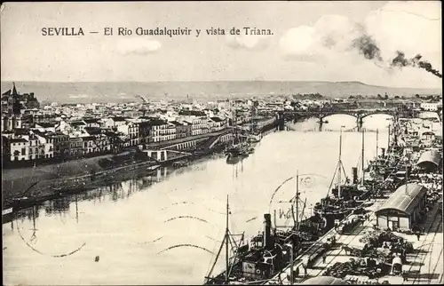 Ak Sevilla Andalusien, der Fluss Guadalquivir und Blick auf Triana