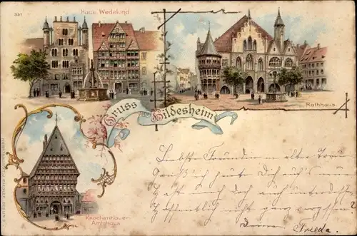 Litho Hildesheim in Niedersachsen, Haus Wedekind, Knochenhauer Amtshaus, Rathaus