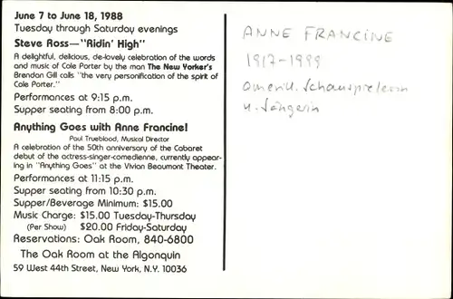 Ak Schauspielerin Anne Francine, Portrait, Steve Ross, Autogramm