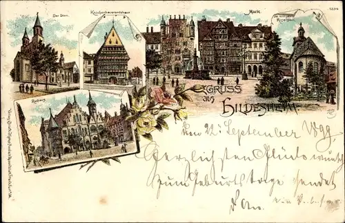 Litho Hildesheim in Niedersachsen, Dom, Rathaus, Knochenhaueramtshaus, Markt, Rosenstock