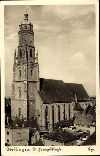 Ak Nördlingen im Nördlinger Ries Schwaben, Blick auf die St. Georgskirche, Lagerhaus Georg Kress