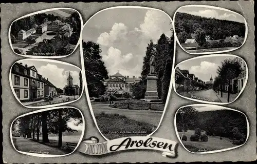 Ak Bad Arolsen in Hessen, Stadtkirche, Rathaus, Bahnhofstraße, Kaiser-Wilhelm-Denkmal