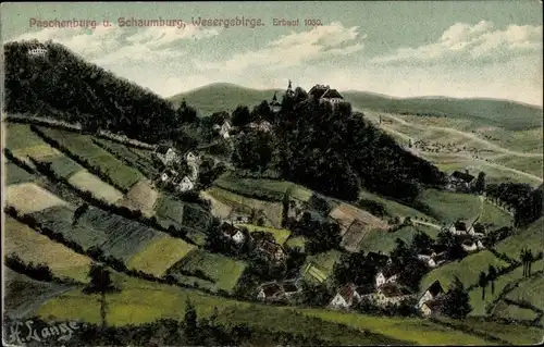 Künstler Ak Lange, Deckbergen Rinteln in Niedersachsen, Paschenburg, Schaumburg, Panorama