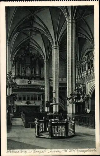 Ak Schneeberg im Erzgebirge, St. Wolfgangskirche, Innenansicht, Orgel