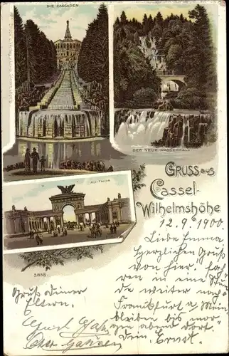 Litho Bad Wilhelmshöhe Kassel in Hessen, Kaskaden, Au-Tor, Neuer Wasserfall