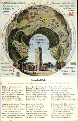 Ak Grünhain im Erzgebirge Sachsen, König-Albert-Turm, Spiegelwaldlied