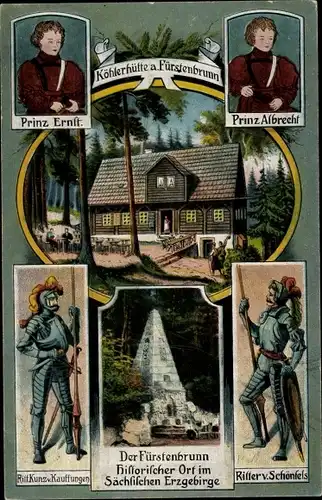 Ak Fürstenbrunn Schwarzenberg im Erzgebirge, Sächs. Prinzenraub 1455, Denkmal, Ritter, Köhlerhütte