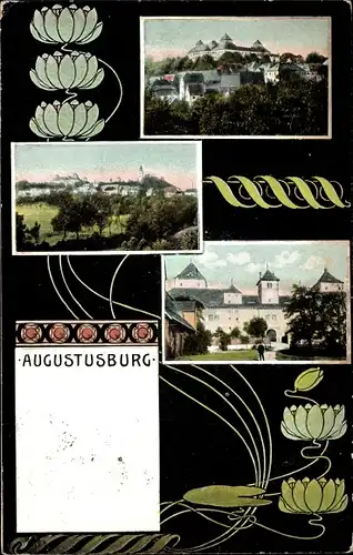 Passepartout Ak Augustusburg im Erzgebirge, Panorama,Teilansicht, Seerosenmotiv
