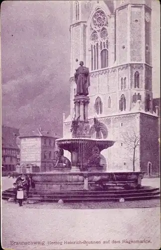 Ak Braunschweig in Niedersachsen, Herzog Heinrich-Brunnen, Hagenmarkt, Kirche