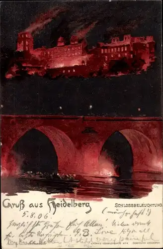 Ak Heidelberg am Neckar, Schloss bei Nacht, Schlossbeleuchtung, Brücke, Boot