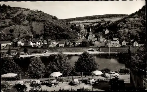Ak Balduinstein an der Lahn, Lahnblick Cafe, Restaurant, Pension, Brücke